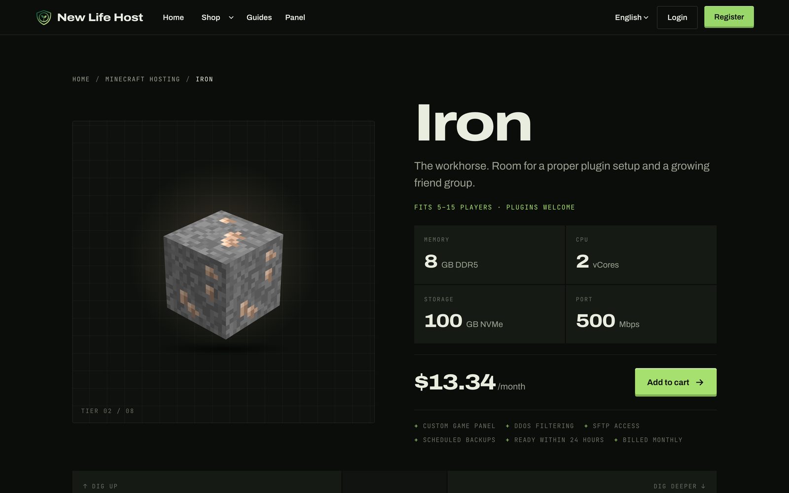 New Life Host plan page with a 3D ore block.
