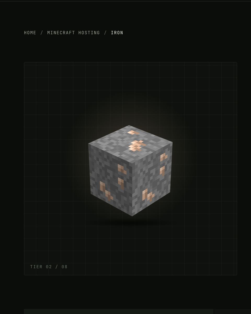 New Life Host Iron plan page with a 3D ore block.
