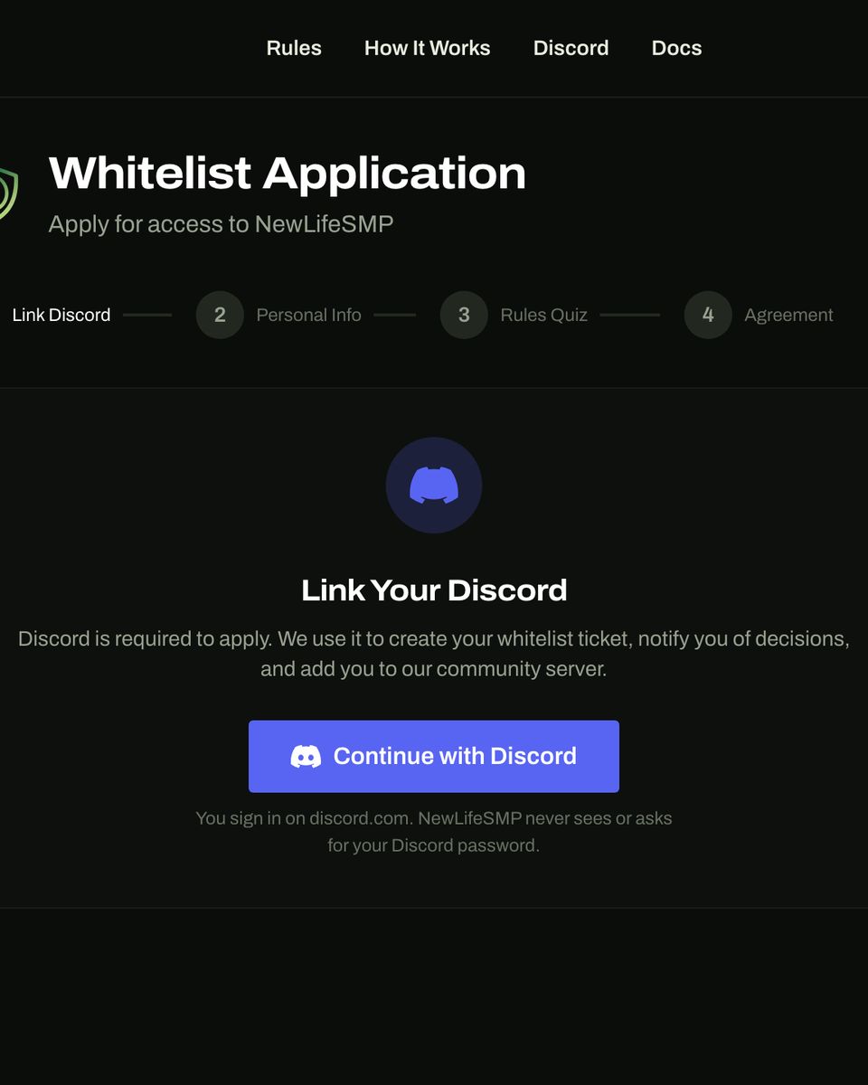 NewLife SMP whitelist application with Discord sign-in.