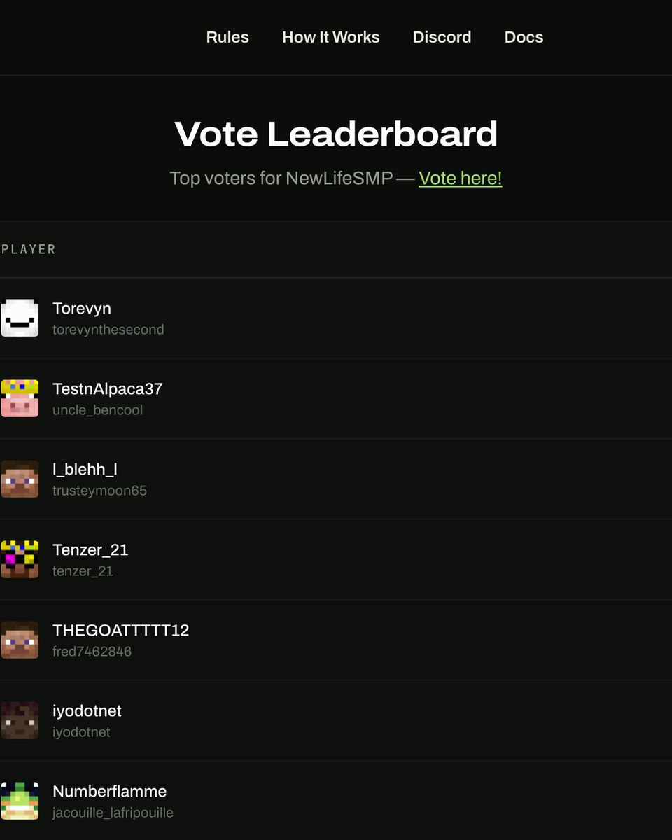 NewLife SMP vote leaderboard.